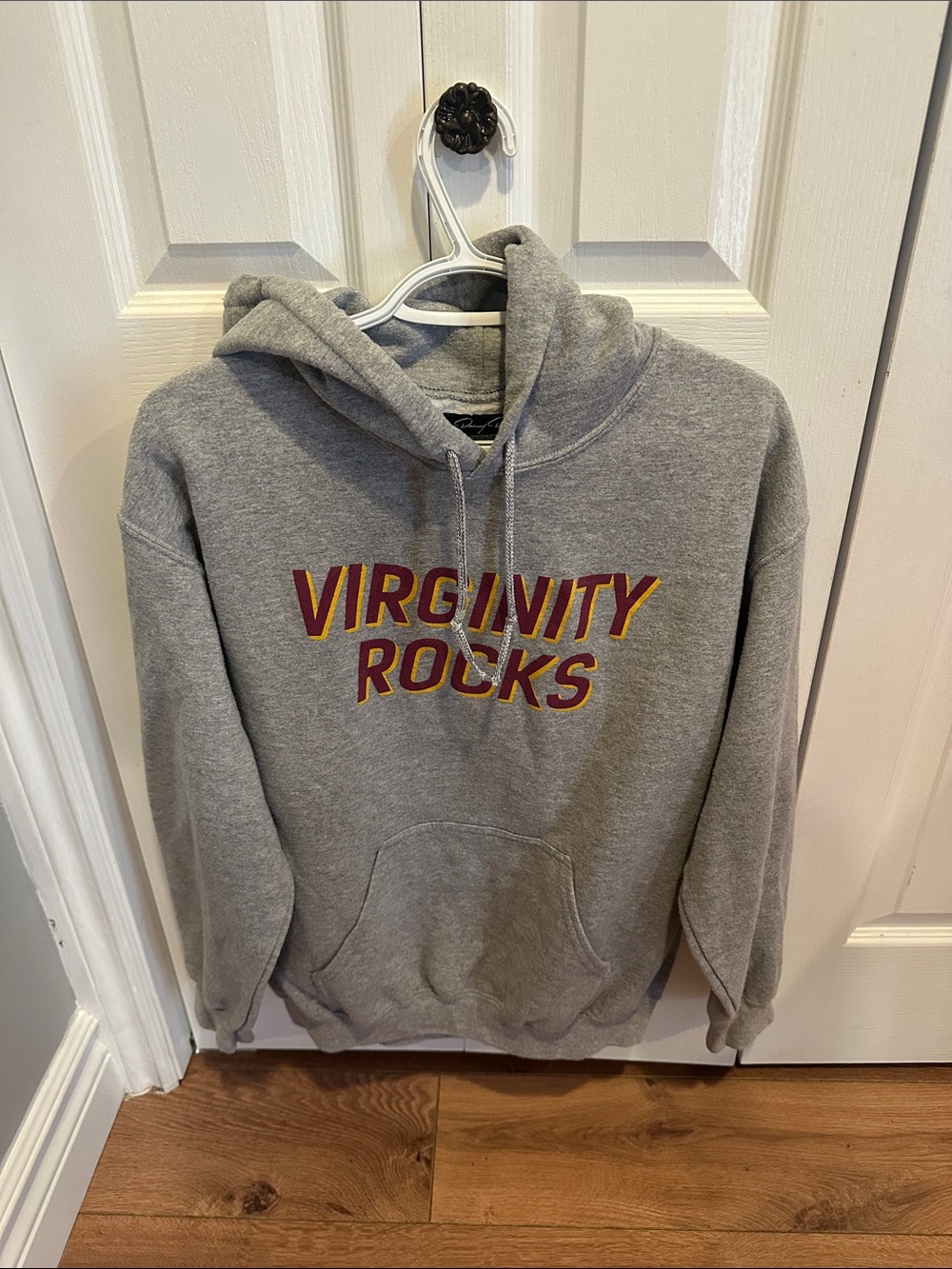 Gray Hoodie with 'VIRGINITY ROCKS' Lettering